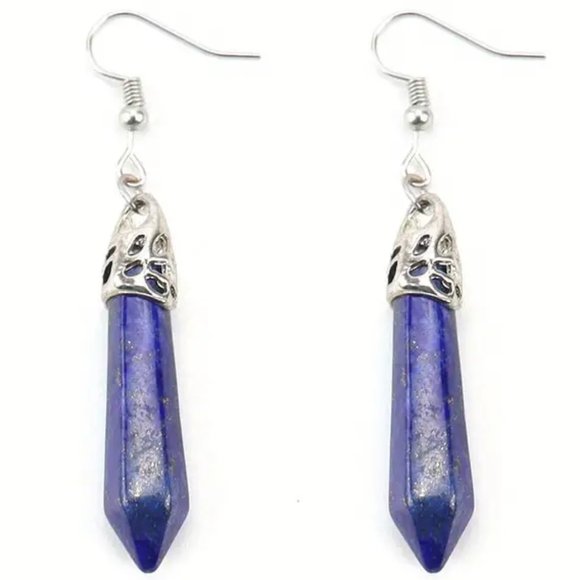Lapis Lazuli Natural Stone Gemstone Hexagon Point Healing Stone Dangle Earrings - Picture 2 of 3